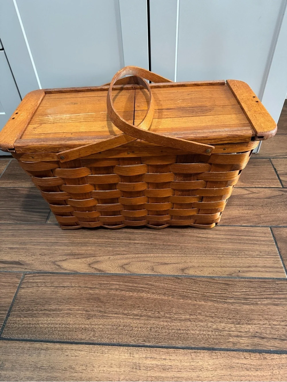 Mid Century Basketville woven oak Picnic Basket With Sliding Lid Doors brown